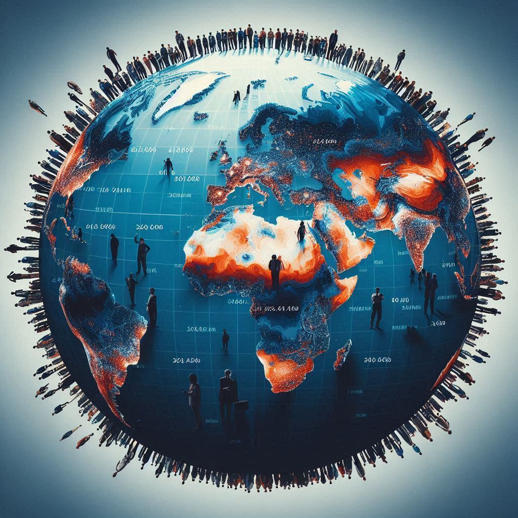 A wold map with people around it; depicting population change over time